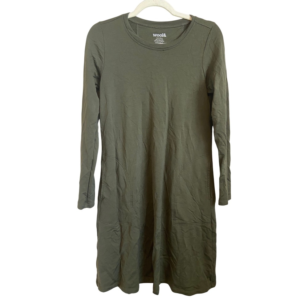 wool& Merino Wool Blend Long Sleeve Pocket Dress Olive Green S-Long